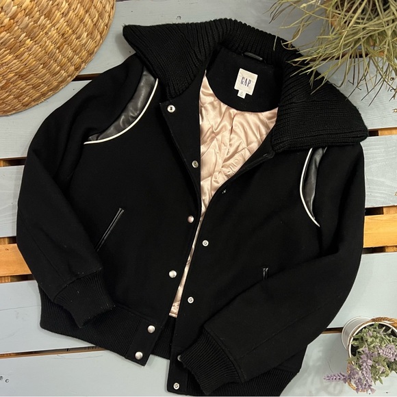 Gap Varsity Wool Bomber Jacket Size TALL Small in Black - Picture 3 of 12
